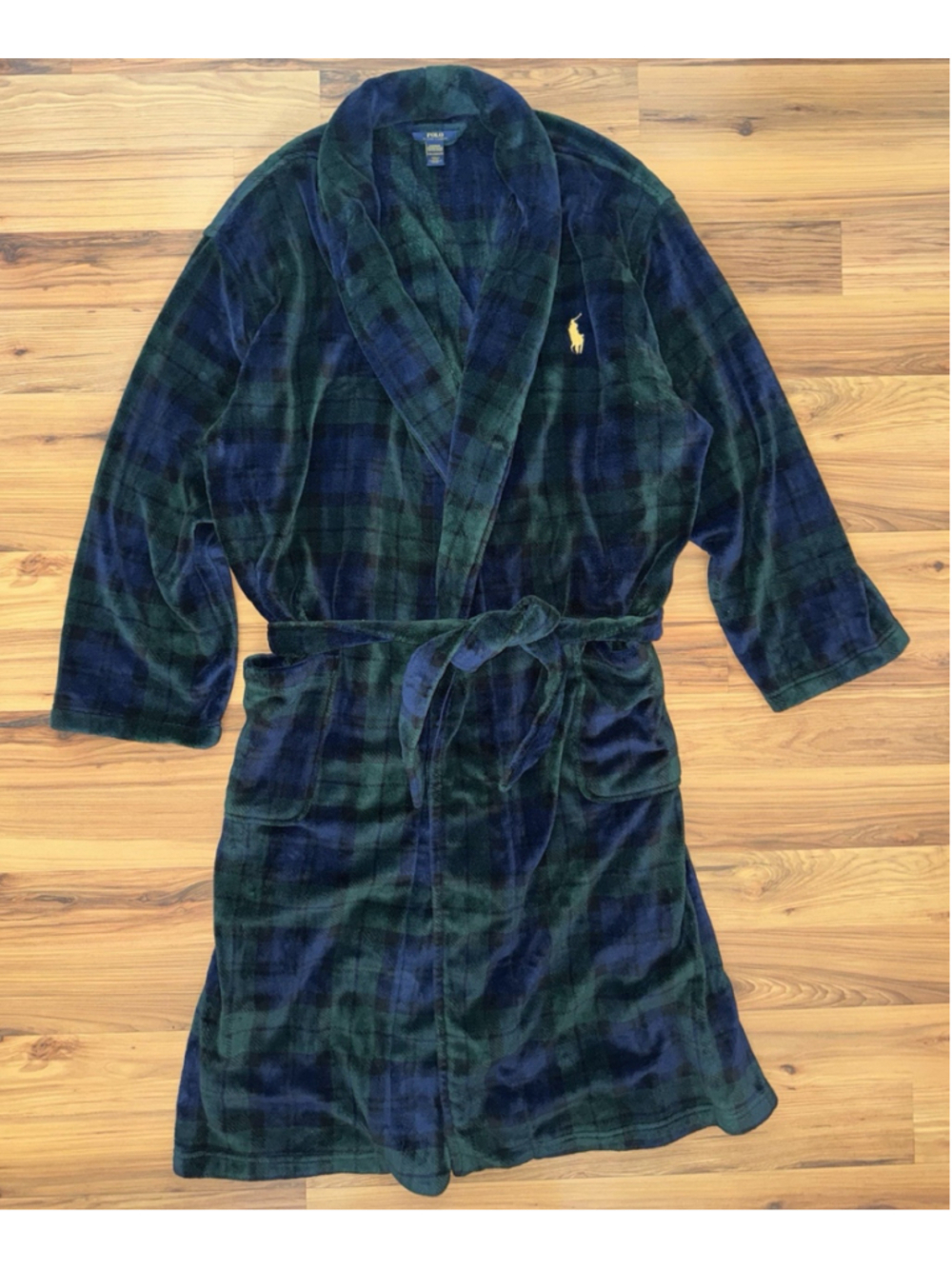 Polo Ralph Lauren Mens L/XL Black Watch Tartan Plaid Cotton Plush Robe Gold Pony
